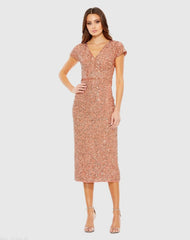 Orange Sequined Cap Sleeve Wrap Over Cocktail Dress