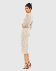 Beige Beaded Tea Length Dress w/ Sheer Sleeves