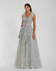 Green Embellished Feathered Sleeveless A Line Gown