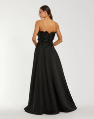 Black Strapless Satin Floral Embellished Ball Gown