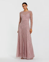 Pink Beaded High Neck Long Sleeve A Line Gown