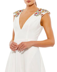 White Beaded Cap Sleeve A Line Midi Dress