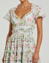White Floral Ruffle Open Back Cotton Midi Dress