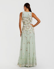 Green Floral Embellished High Neck Sleeveless Gown