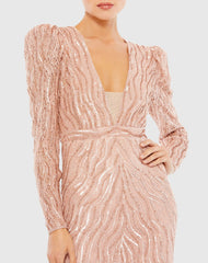 Pink Beaded Puff Sleeve Trumpet Evening Gown