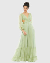Pleated Cut Out Long Sleeve Lace Up Tiered Gown