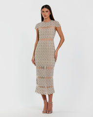 Beige Embellished Mesh Fitted Midi Dress With Sheer Panels