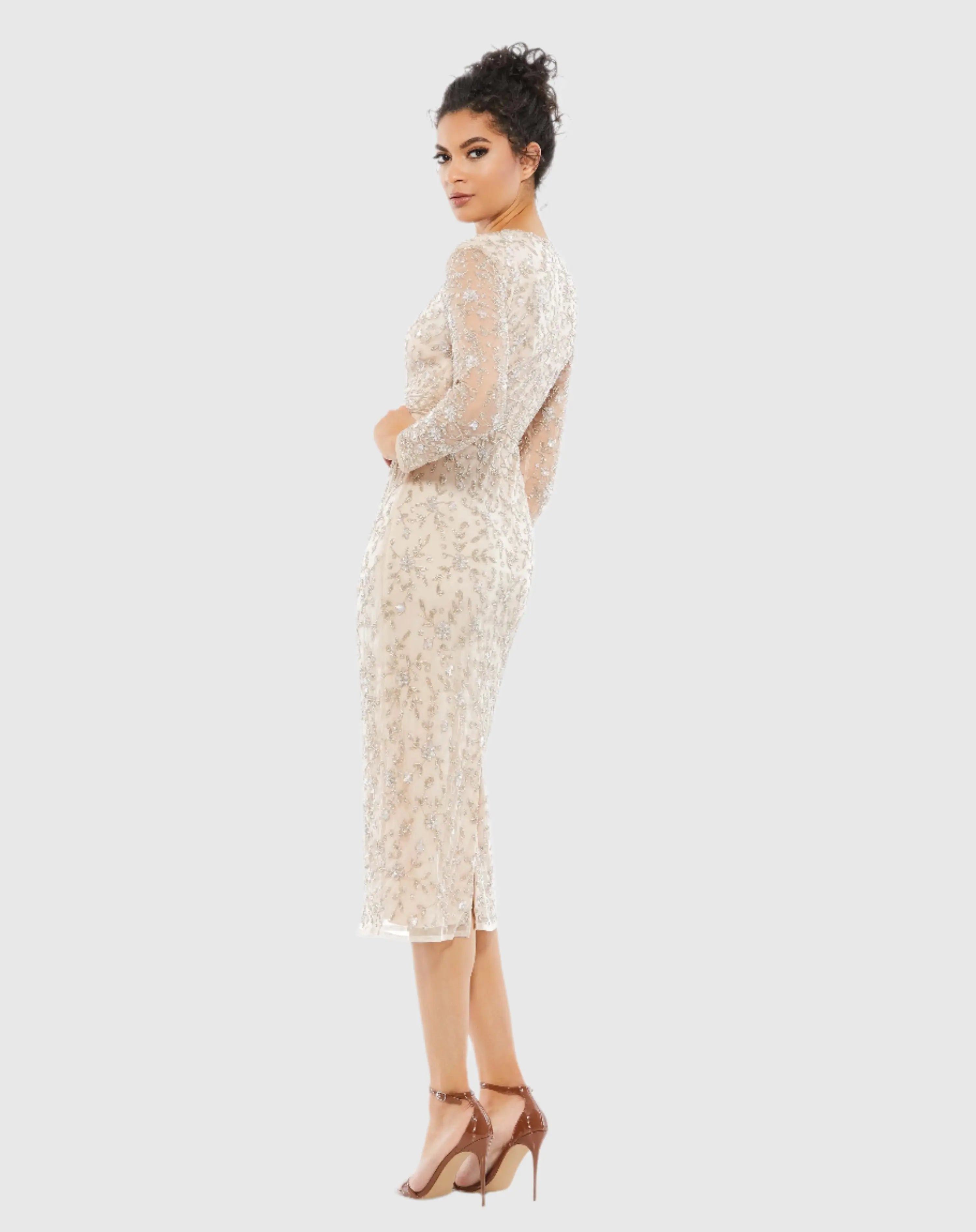 Beige Beaded Tea Length Dress w/ Sheer Sleeves