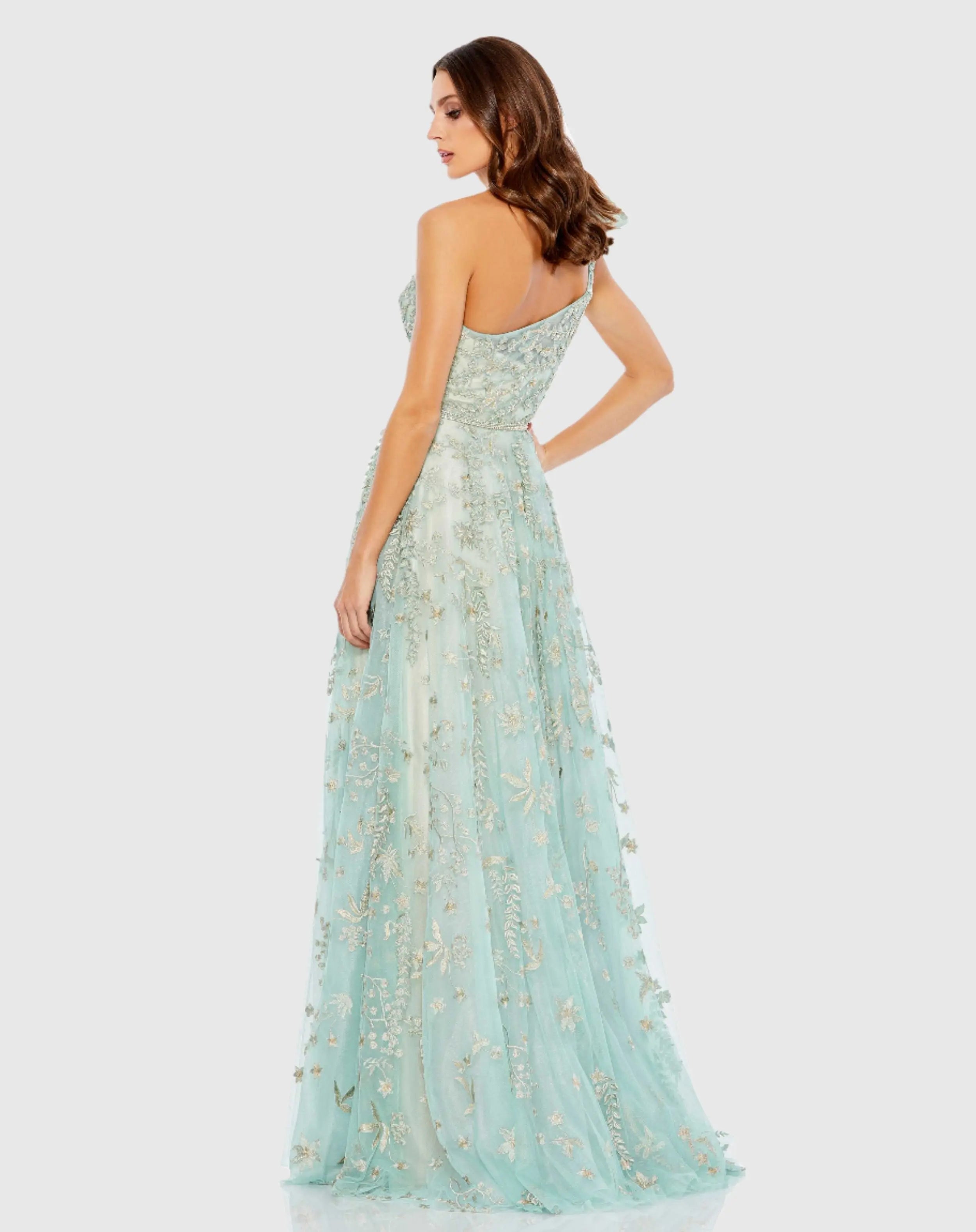 Green Embellished Bow One Shoulder A Line Gown