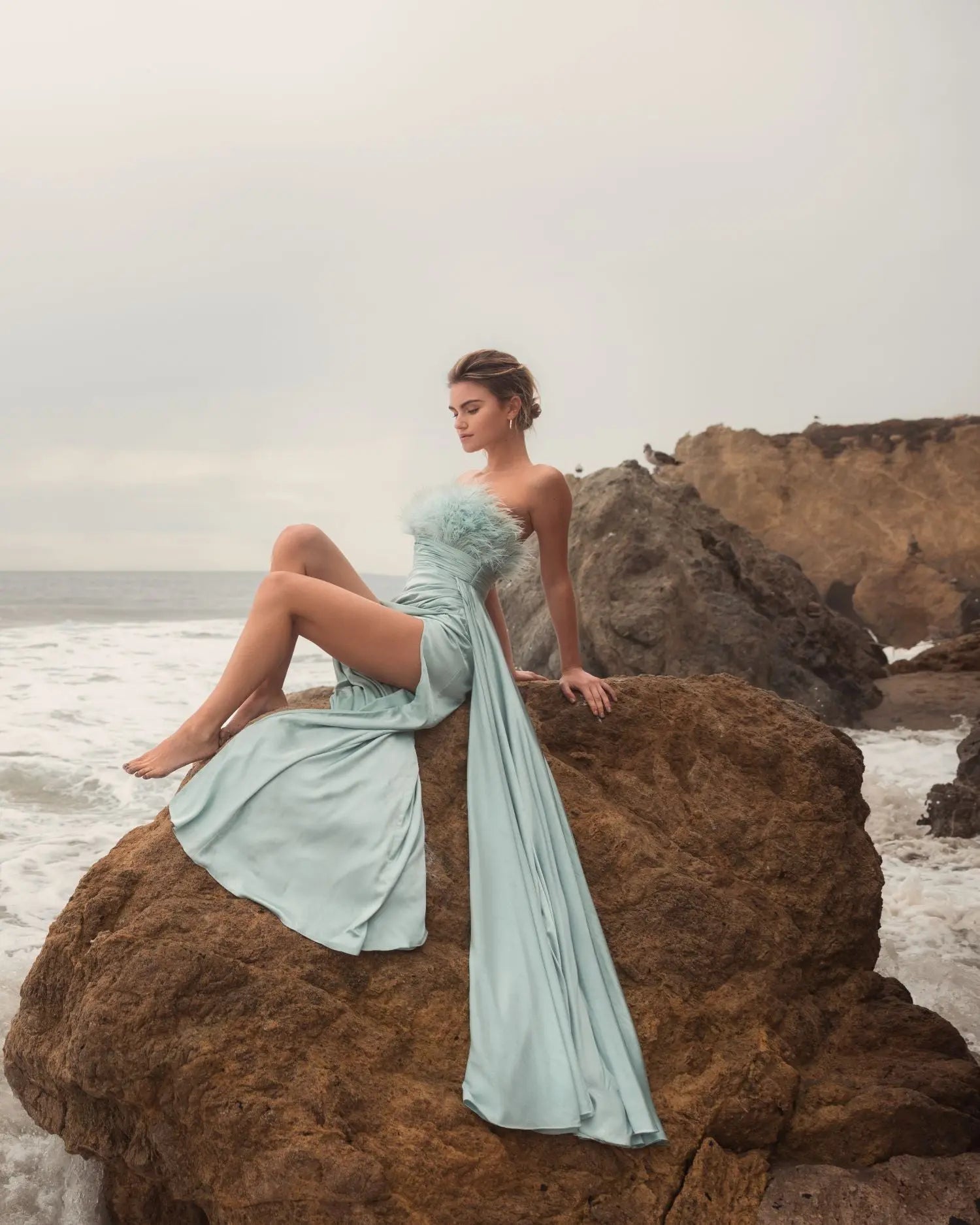 Green Strapless Feather Detail Satin Gown