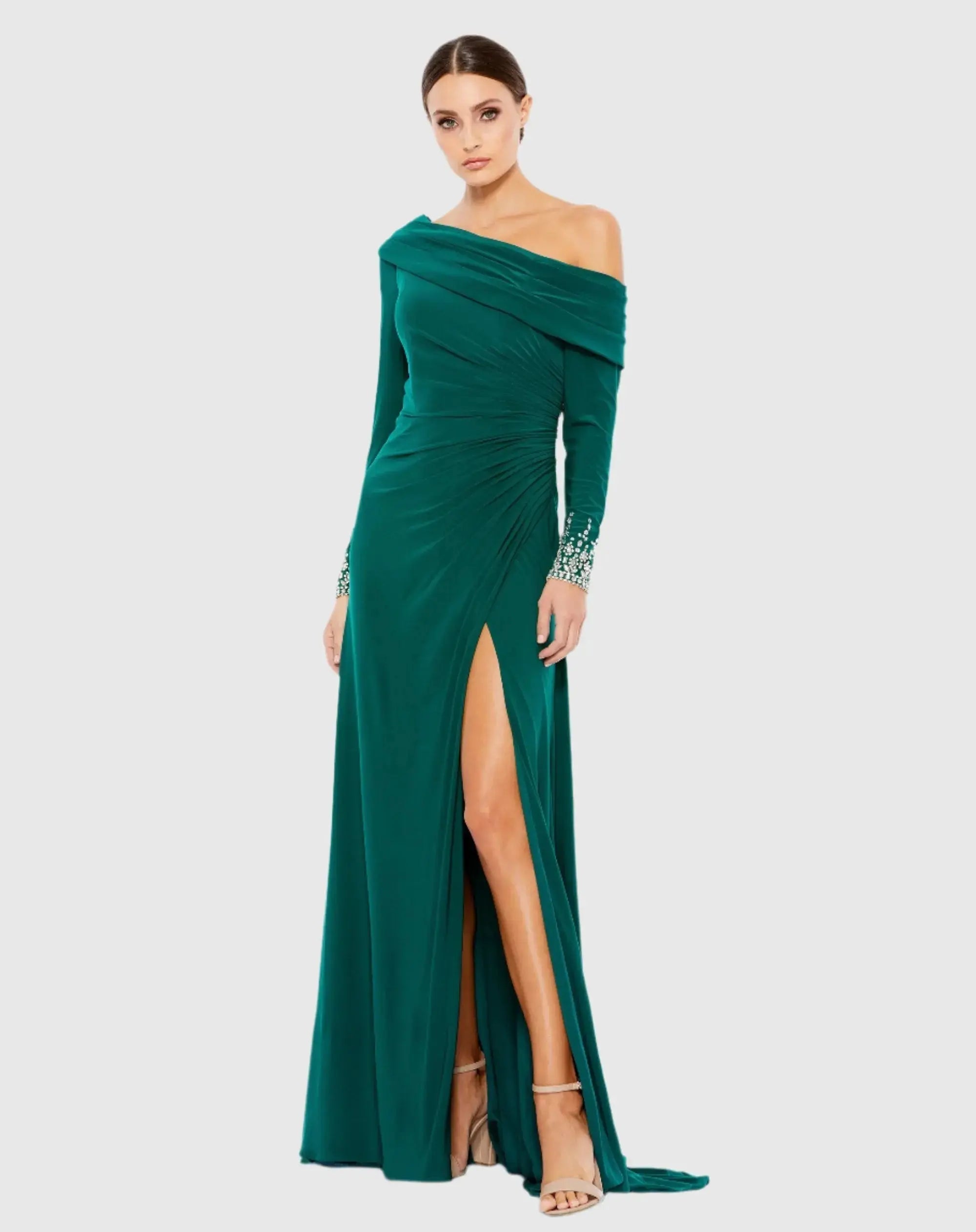 Multicolor Beaded Cuff Drop Shoulder Faux Wrap Gown