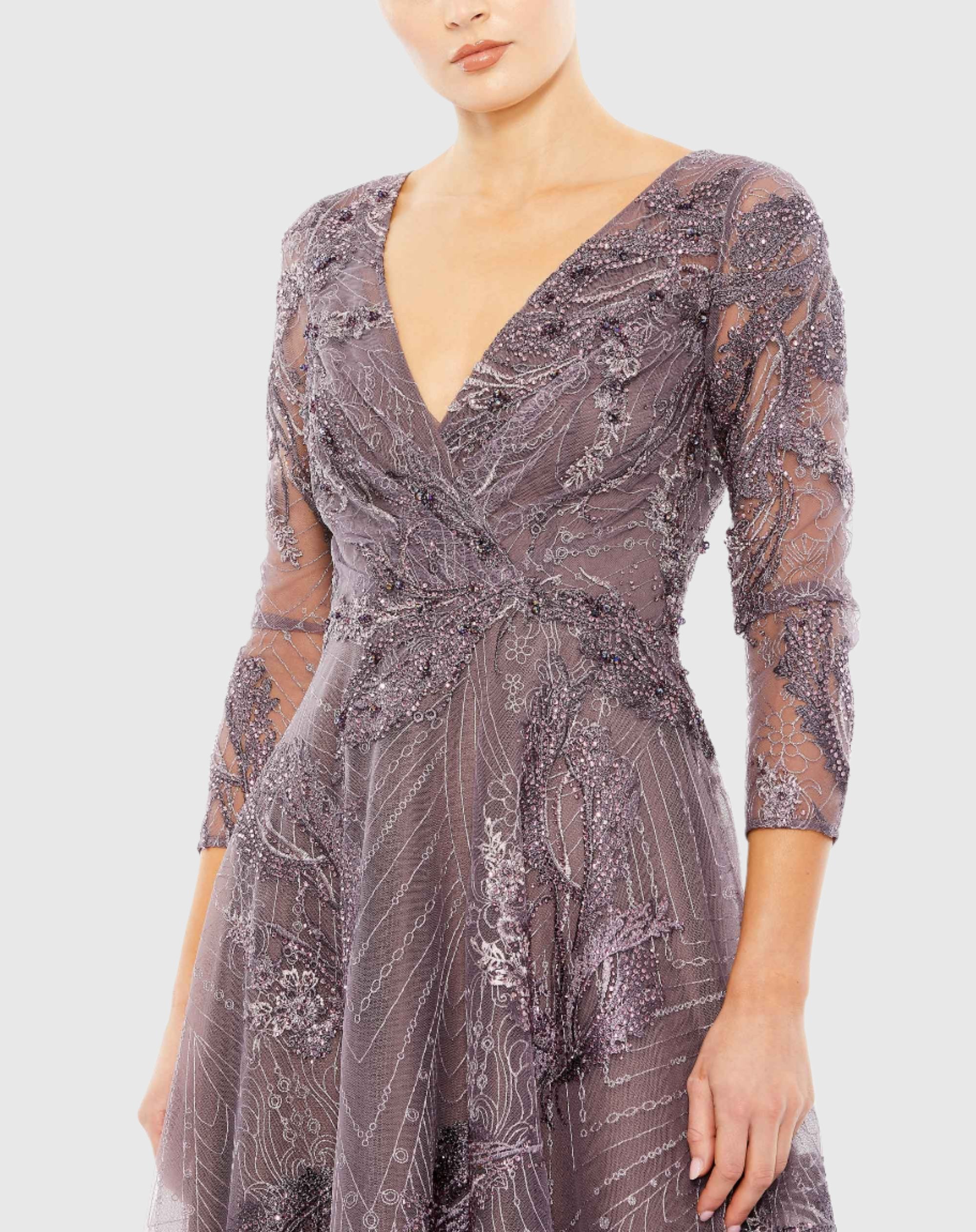 Purple Embellished Wrap Over 3/4 Sleeve Dress