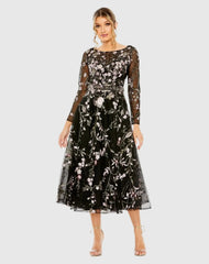 Black High Neck Long Sleeve Embroidered Dress