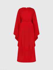 Red Crepe Boat Neck Kaftan Maxi Dress With Belt
