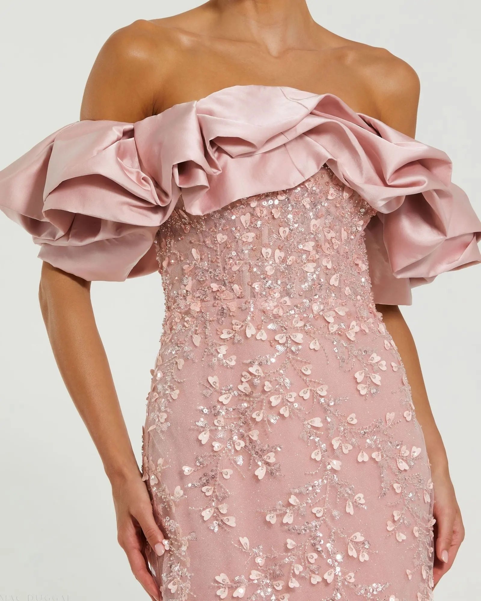 Pink Beaded Mermaid Gown With Off The Shoulder Ruffle
