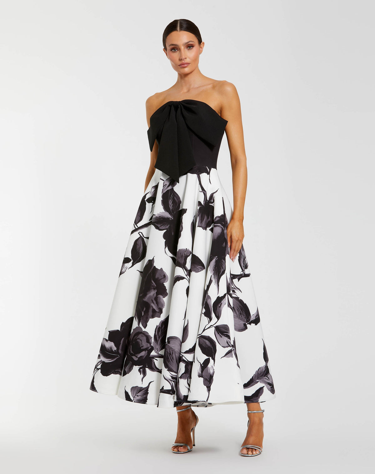 Black and White Floral Strapless Midi Dress With Bow