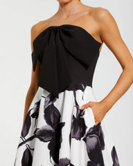 Black and White Floral Strapless Midi Dress With Bow