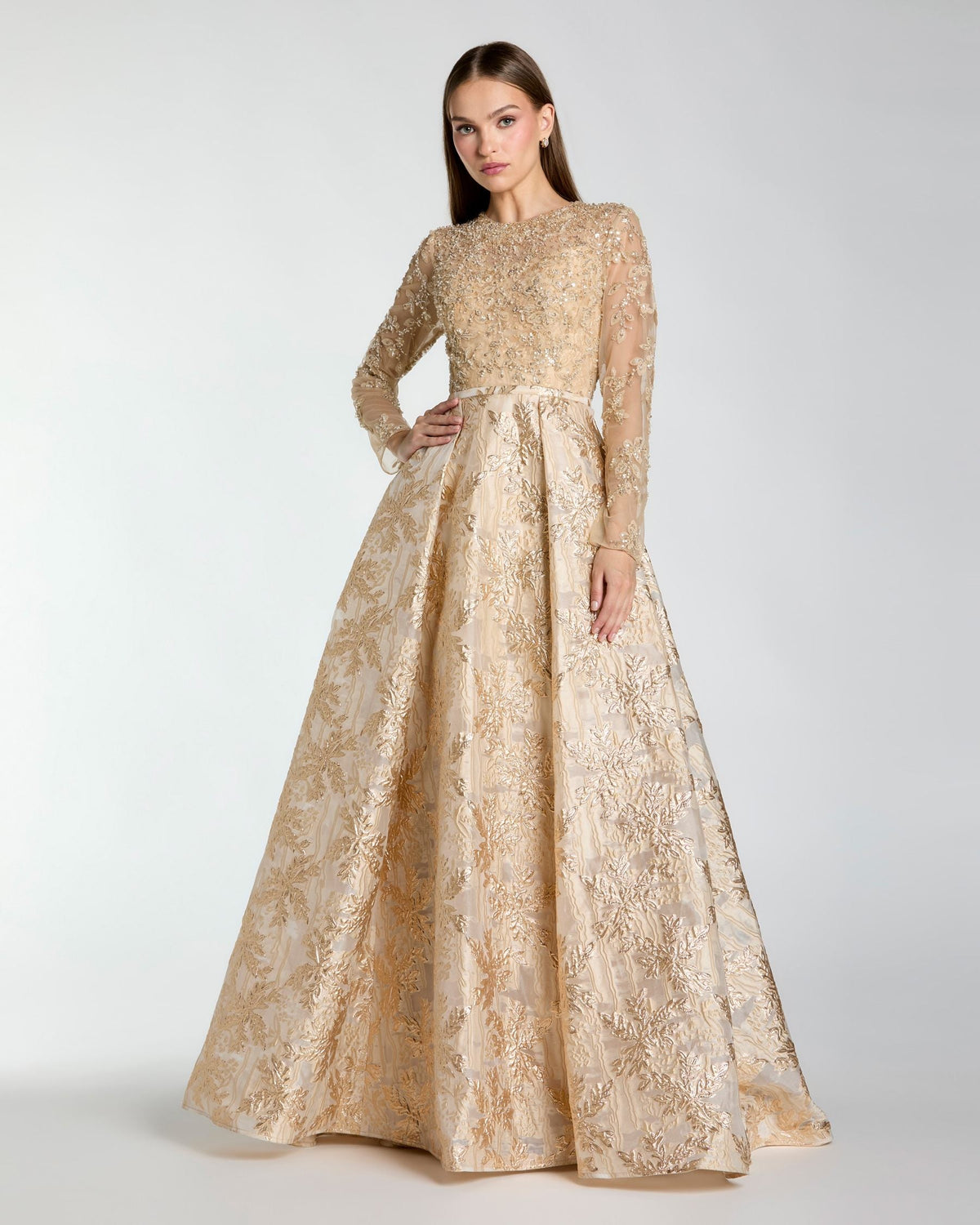 Light Gold Long Sleeve Beaded Brocade Skirt Ball Gown