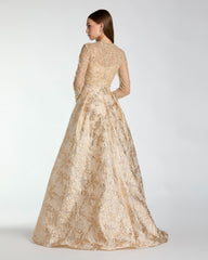 Light Gold Long Sleeve Beaded Brocade Skirt Ball Gown