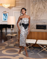 Silver Strapless Paillette Column Midi Dress With Bow