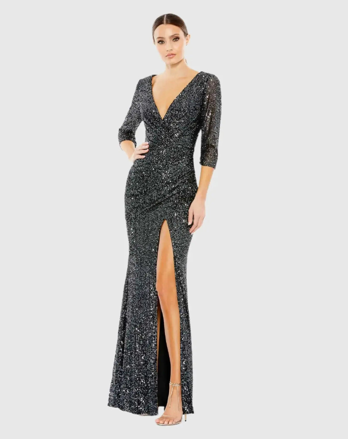 Gray Sequined Draped 3/4 Sleeve Gown