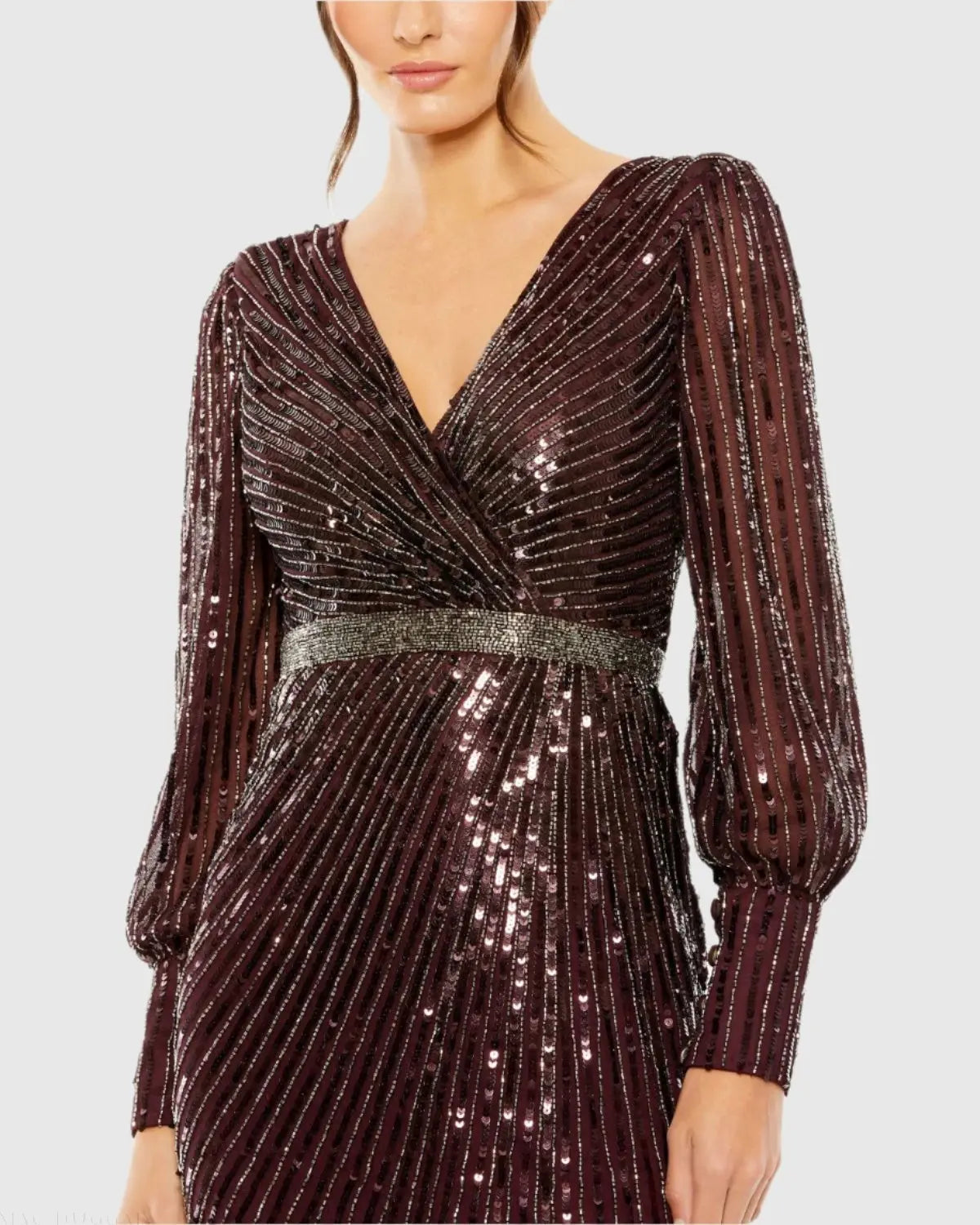Red Sequined Wrap Over Bishop Sleeve Gown