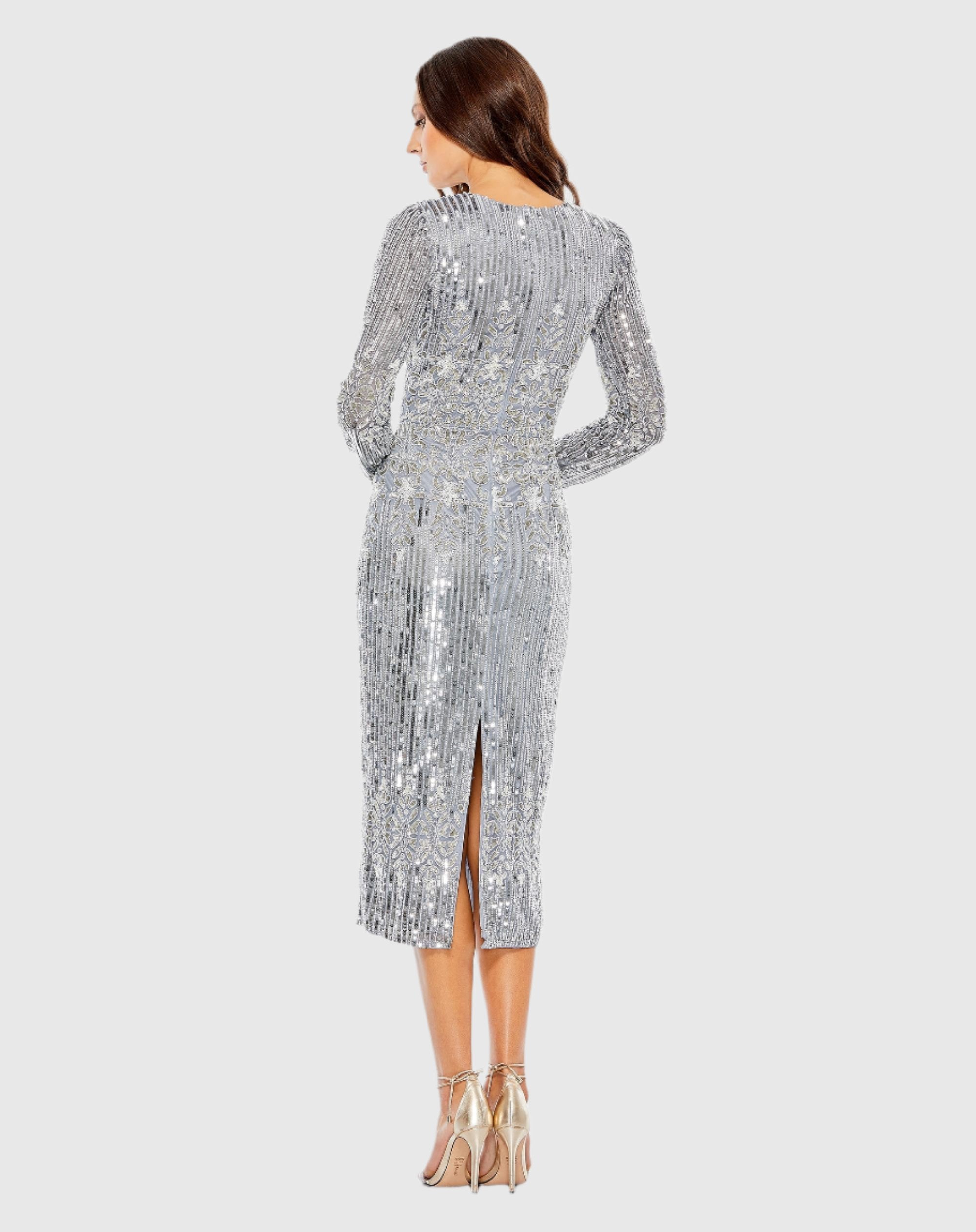 Blue Embellished Long Sleeve High Neck Sheath Dress