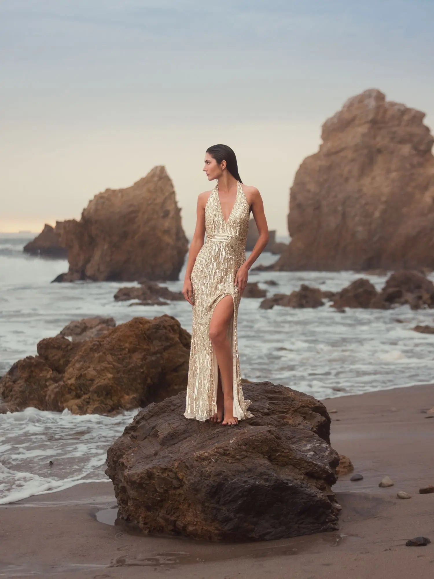 Gold Sequined Halter Strap Trumpet Gown