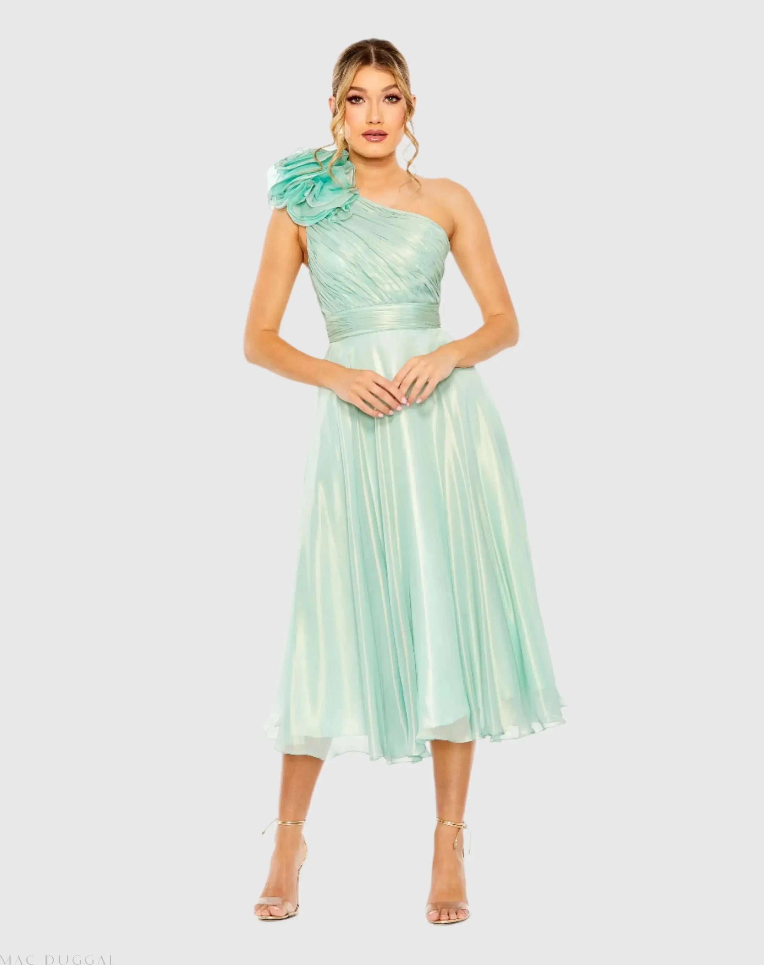 Rosette One Shoulder Tea Length Dress