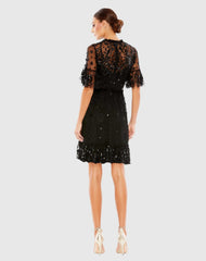 Black Embellished Illusion High Neck Mini Dress
