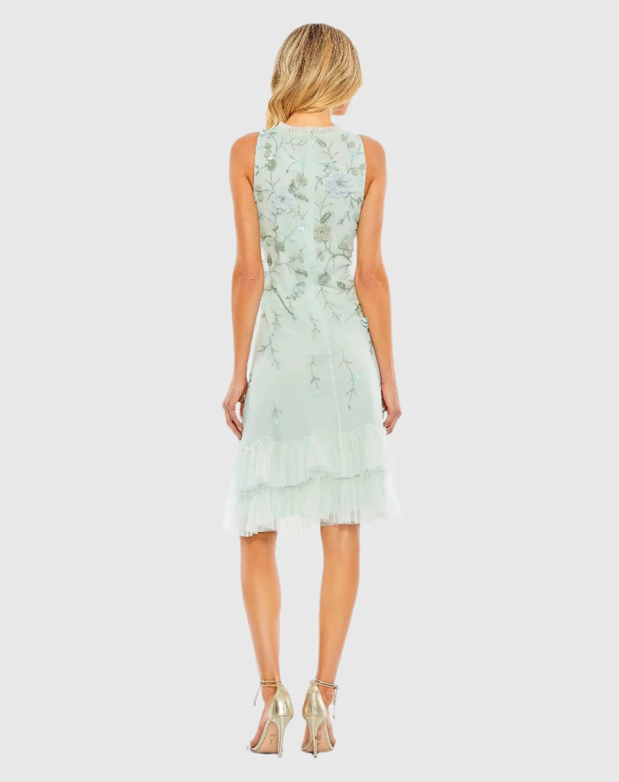 Green Embellished Ruffle Tiered High Neck Floral Dress