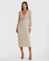 Sequined V Neck Bishop Sleeve Dress