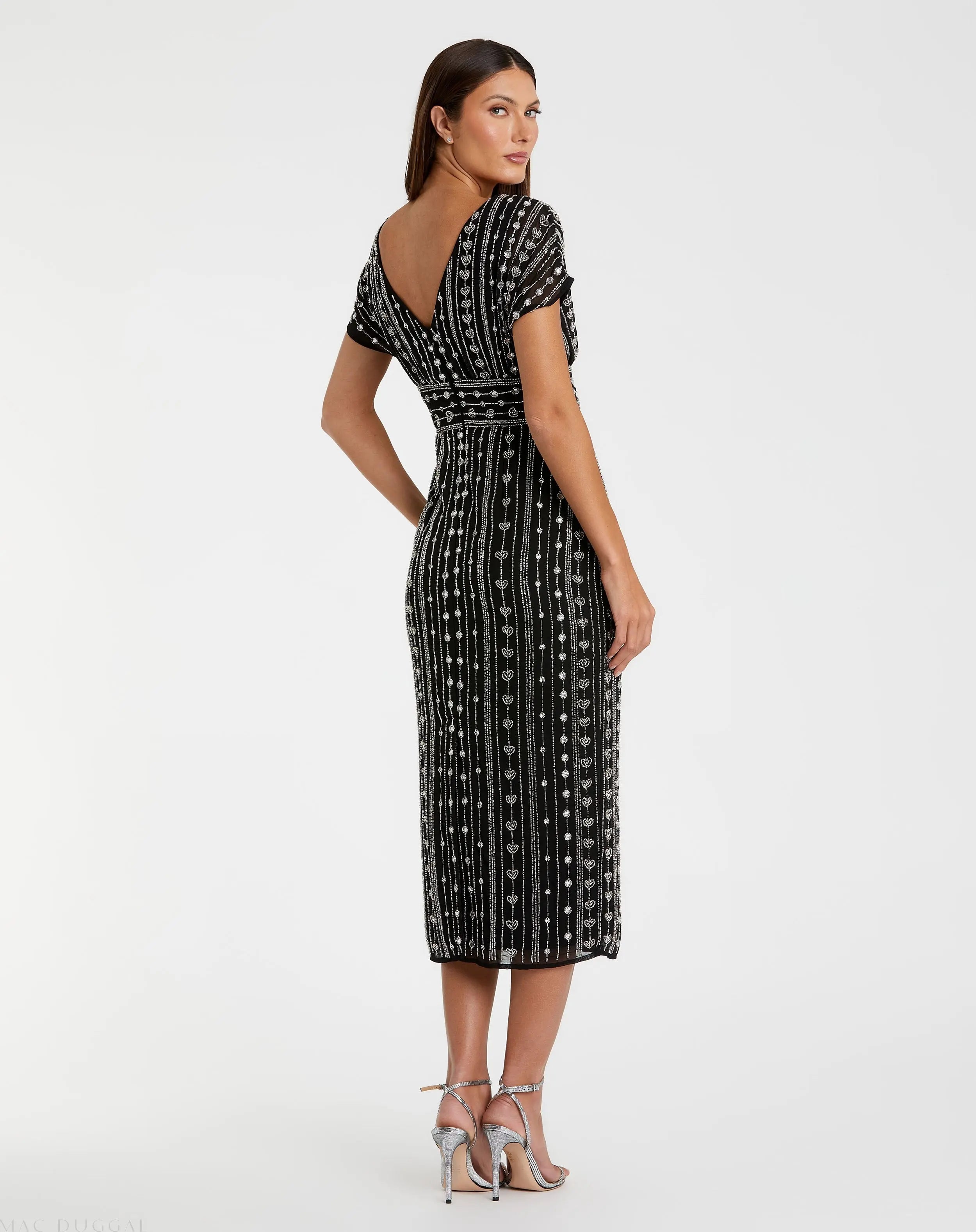 Black Beaded Cap Sleeve Empire Waist Sheath Midi Dress