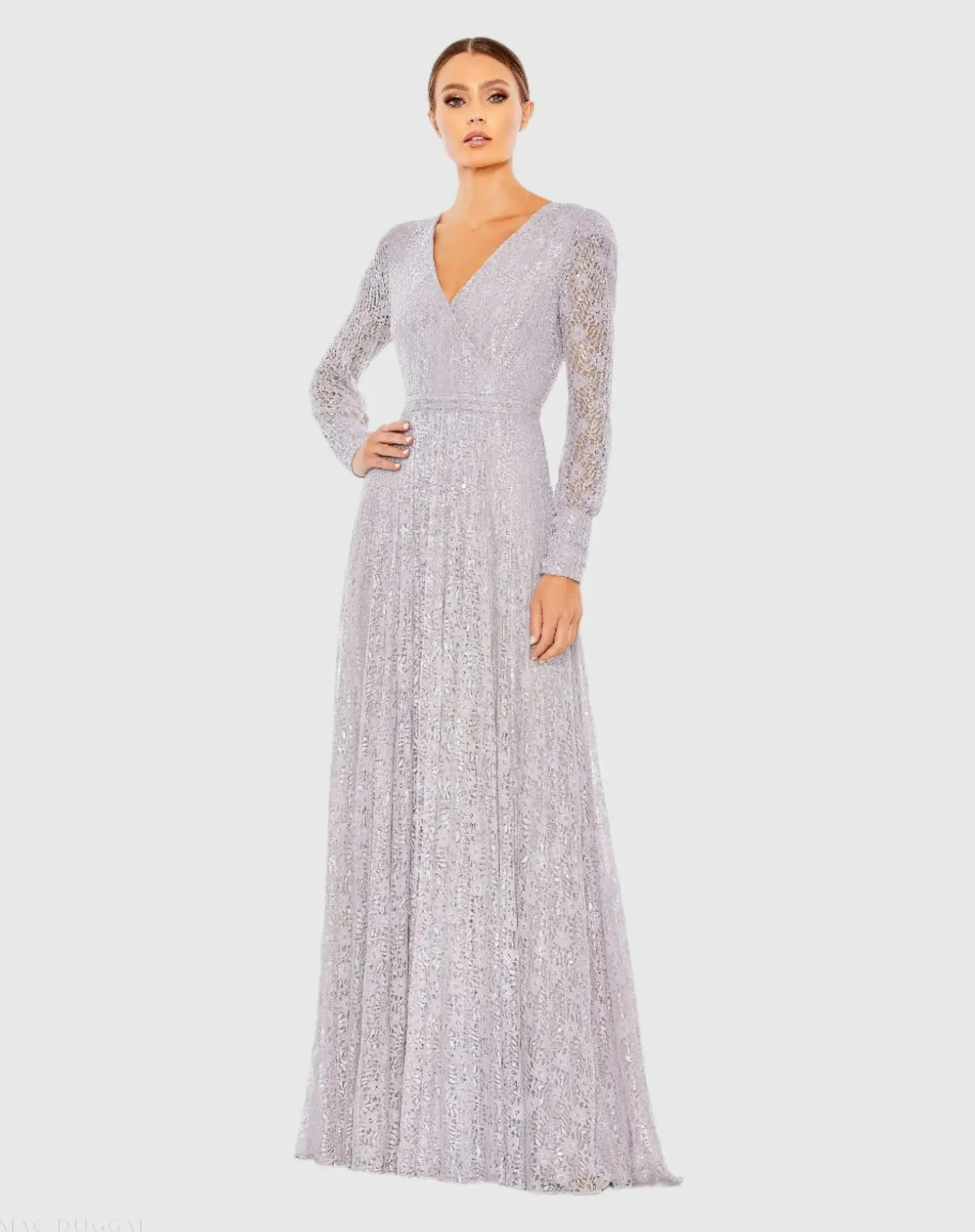 Beaded Lace Long Sleeve Wrap Over Gown