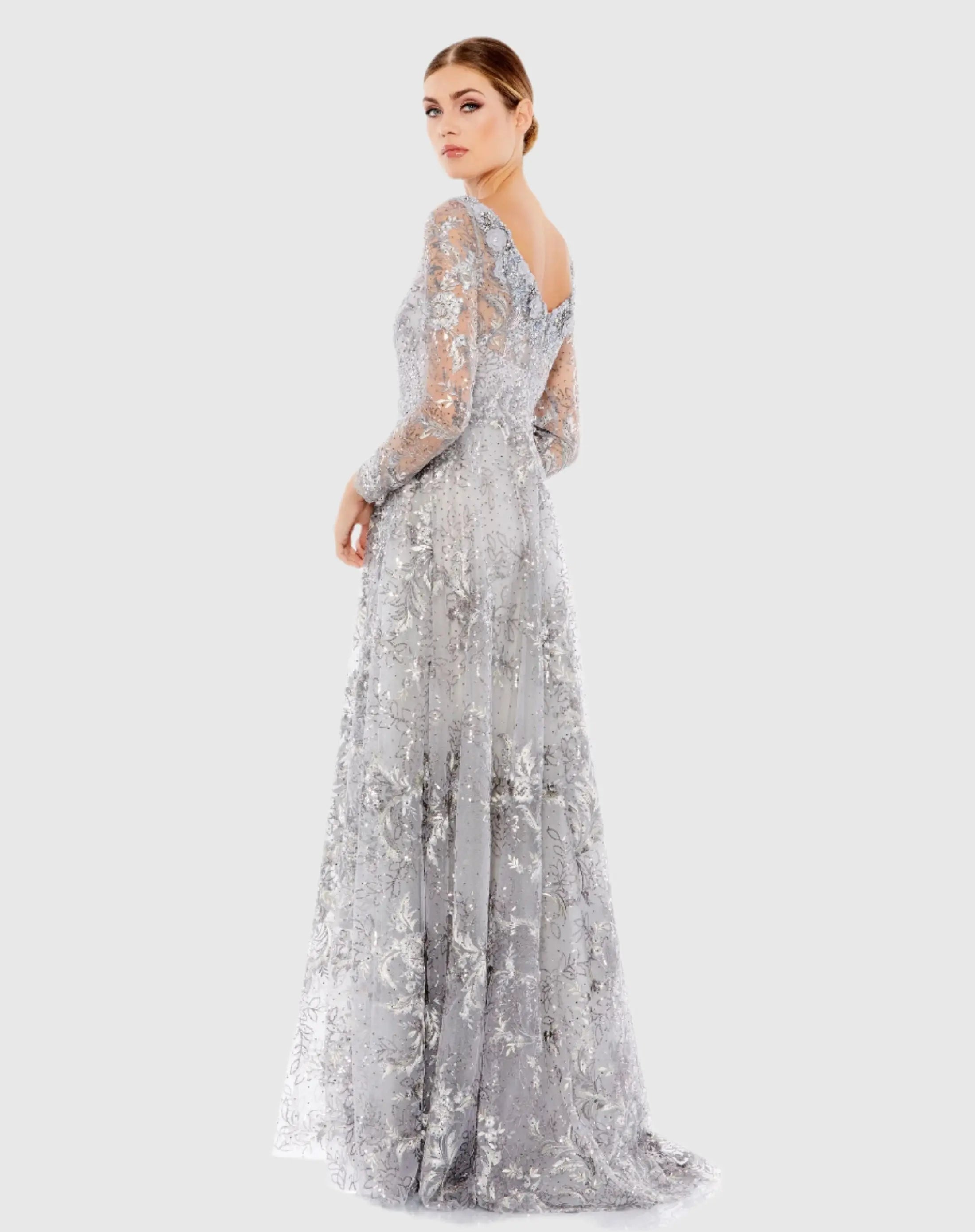 Gray Embroidered Illusion Neckline A-Line Evening Gown